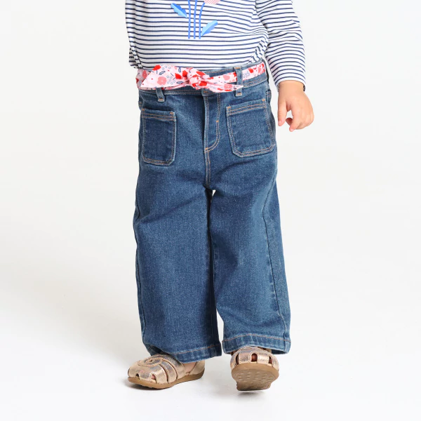 Pantalon large en jean ceinture fleurie denim bleu bébé fille