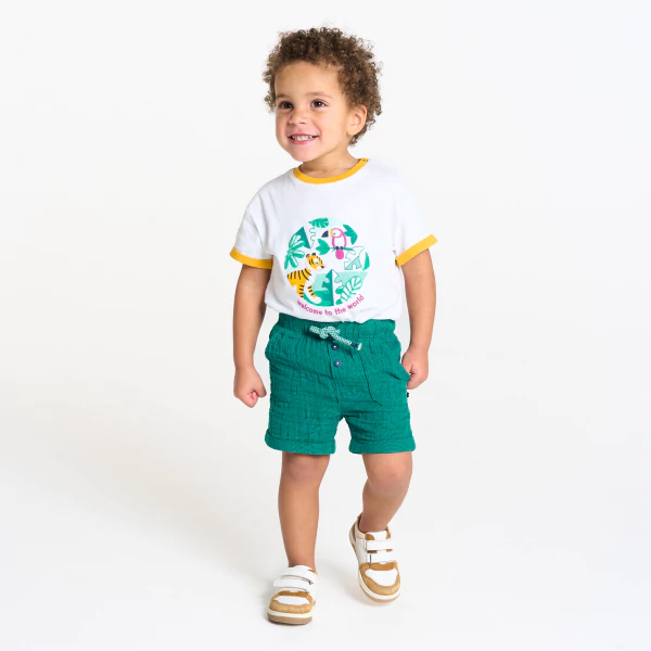 Short coton léger gaufré vert bébé garçon