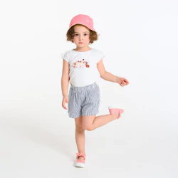 Tee-shirt animaux blanc et short seersucker bleu bébé fille