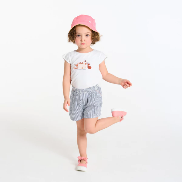 Tee-shirt animaux blanc et short seersucker bleu bébé fille