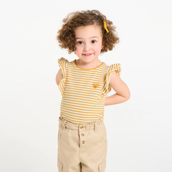 T-shirt fantaisie rayé à volants jaune bébé fille