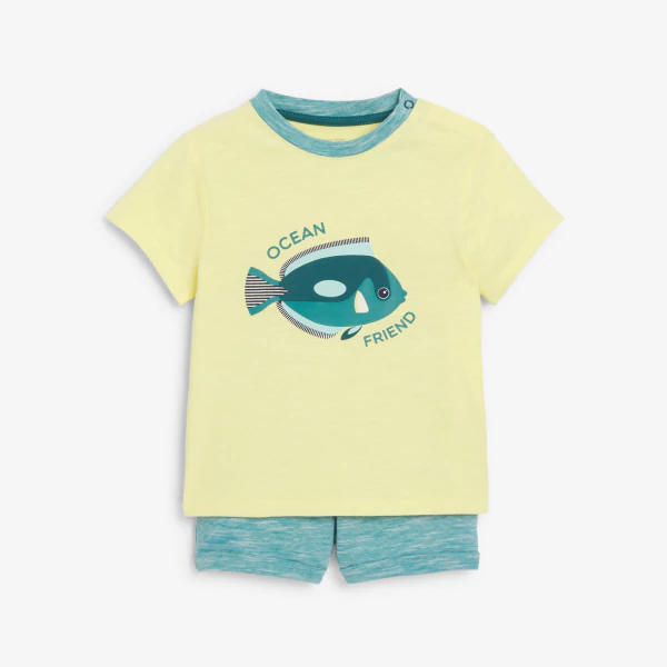 T-shirt poisson et short en maille fantaisie bleu garçon