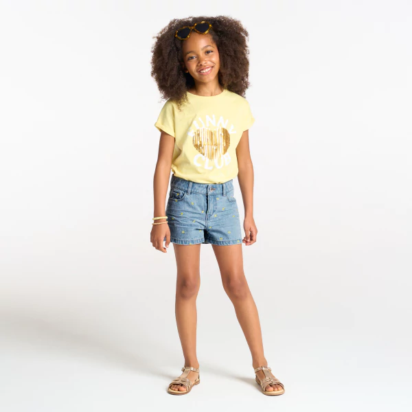 Short en jean bleu broderies citron Fille