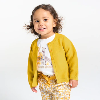 Gilet maille tricot effet pointelle jaune bébé fille