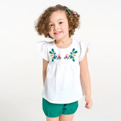 Tee-shirt brodé toucan blanc et short maille vert bébé fille