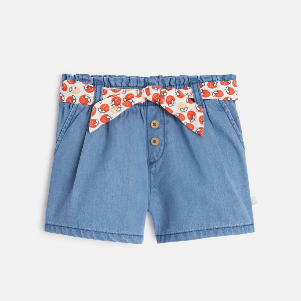 Short en denim léger bleu ceinture fraises bébé fille