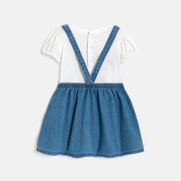 Jupe à bretelles en denim bleu et t-shirt blanc bébé fille