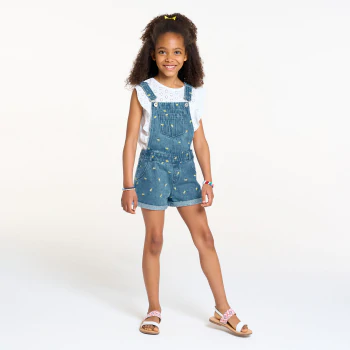 Salopette-short en jean bleu broderies citron Fille