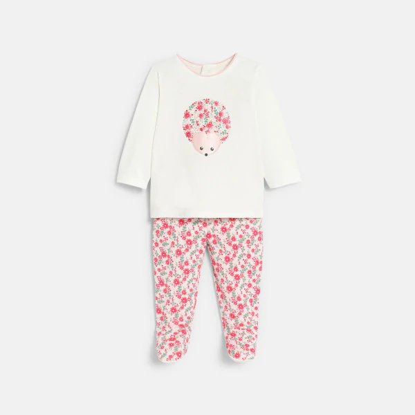 Pyjama jersey hérisson fleuri blanc bébé fille