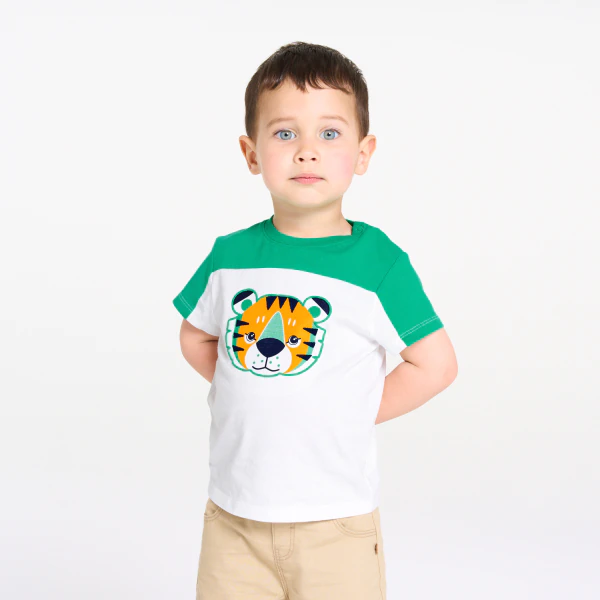 T-shirt tigre colorblock blanc vert bébé garçon